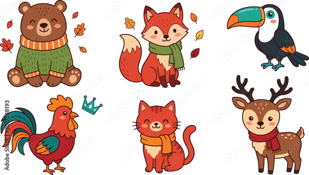 Obraz premium Cute Autumn Animal Cartoon Collection Featuring Bear Fox Deer Cat Rooster and Toucan with Cozy Seasonal Vector Illustration