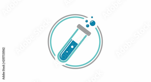 A circular logo depicts a slanted test tube with blue liquid and bubbles