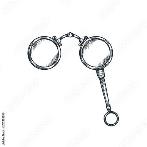 Pince-nez frame glasses in sketch hand drawn style. Flat rim spectacles eyeglasses with lens. Vector illustration isolated on white background.