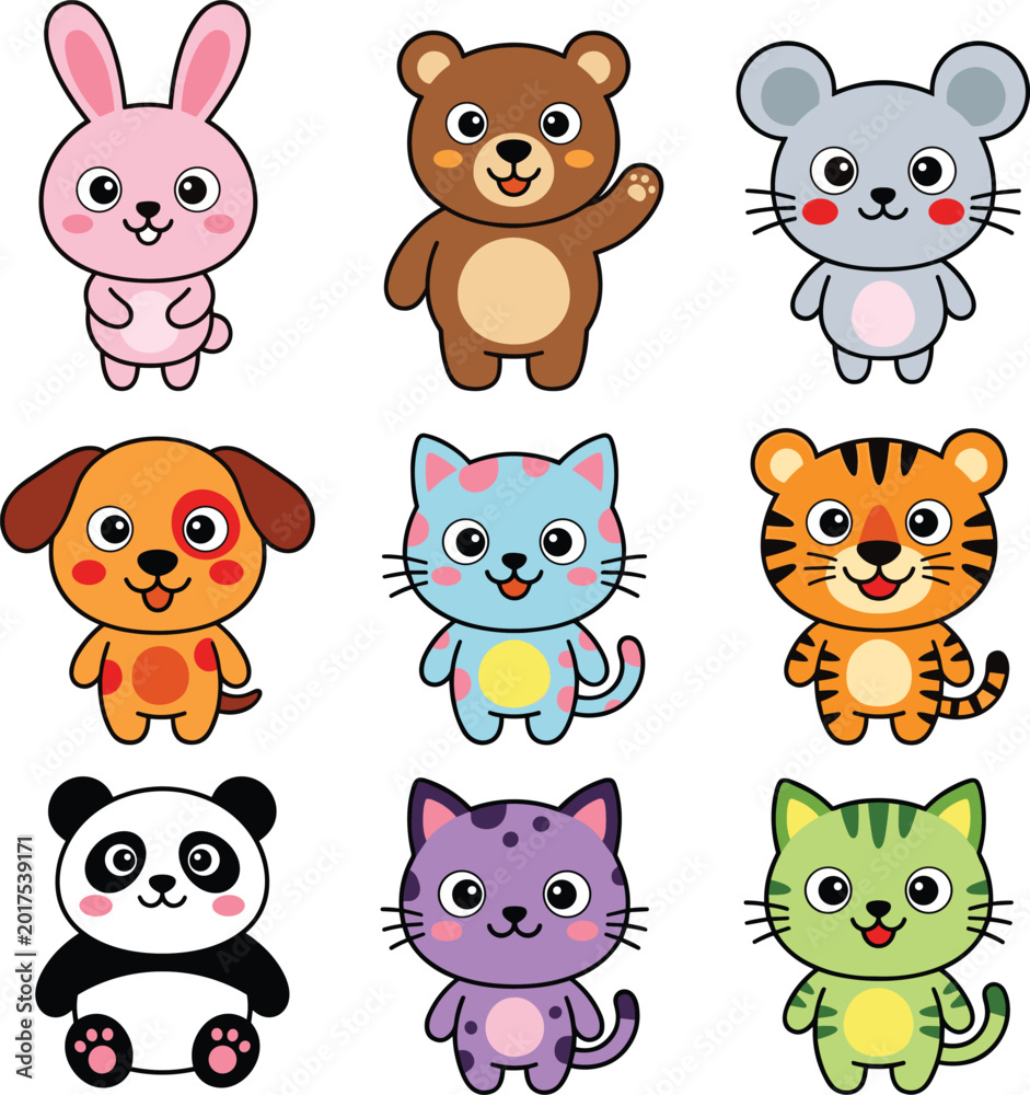 Fototapeta premium Cute Baby Animal Cartoon Character Collection Featuring Bunny Bear Mouse Panda Tiger Cat and Puppy Vector Illustration Set