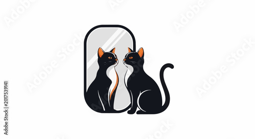 Black cat gazes at reflection in oval mirror