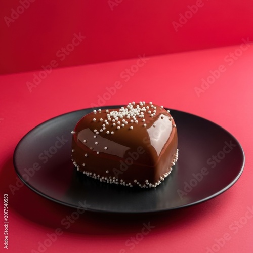 Heart shaped chocolate mousse cake with mirror glaze and white sugar pearls served on dark plate against red background.