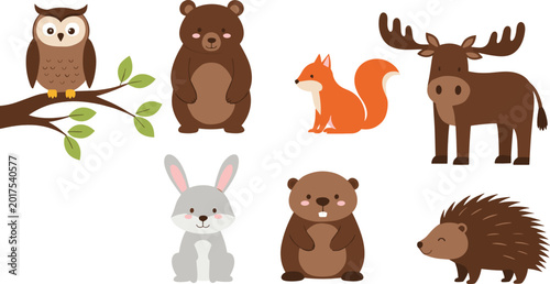 Photography Forest Animal Icon Set Featuring Owl, Bear, Squirrel, Rabbit, Moose, and Hedgeho