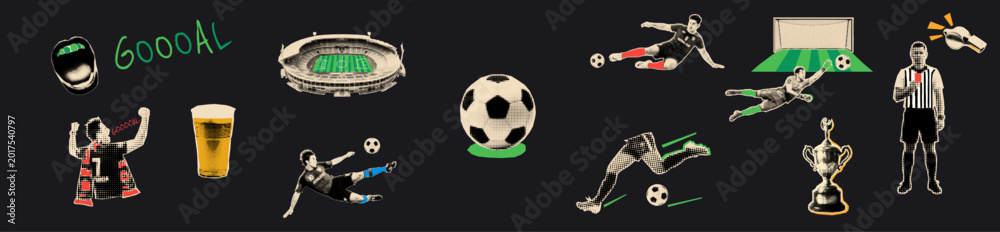 Obraz premium Soccer championship halftone cutouts. Football stickers collage elements.