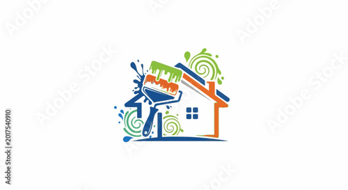 Stylized house outline with a paint roller adding colorful strokes and swirls