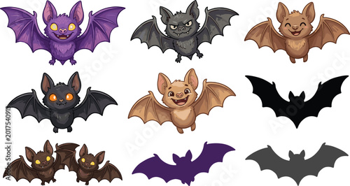 Cute bat cartoon character collection with spooky Halloween flying bats and silhouette designs vector illustration isolated on white background