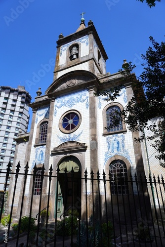 Beautiful chruch with blue tiles in porto portugal
