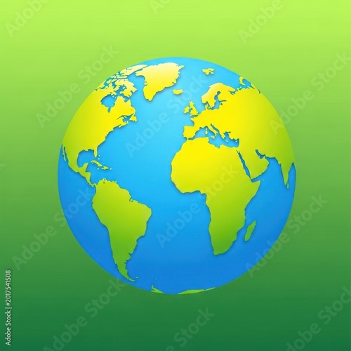 Isolated three dimensional planet earth with green continents and blue oceans on green gradient background.