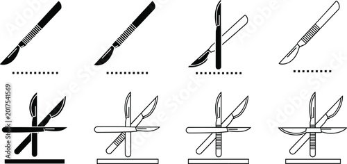 Cuadro en lienzo Surgical Scalpel Vector Set with Various Blade Designs and Crossed Knife Symbols