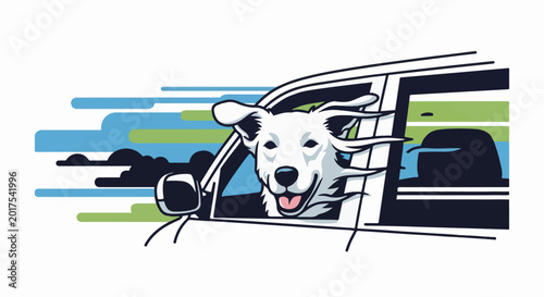 A happy white dog with ears flying out of a car window, against abstract sky