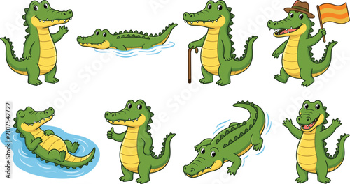 Cute crocodile cartoon character collection with funny poses swimming walking and playful expressions vector illustration isolated on white background