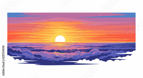 Vibrant pixel art sunset over clouds and ocean