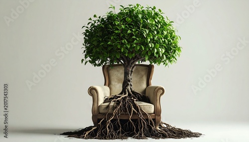 Surreal Image - Tree Growing from Armchair, Roots Spreading Outward.