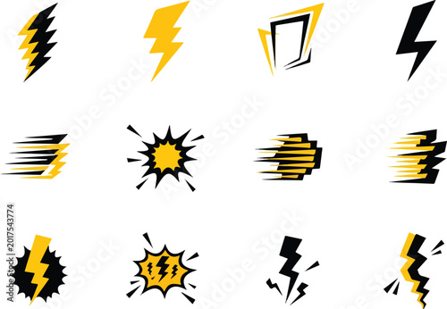 Twelve stylized icons featuring yellow and black lightning bolts and speed bursts