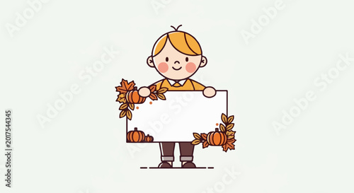 Cheerful child with autumnal decorations and a blank sign