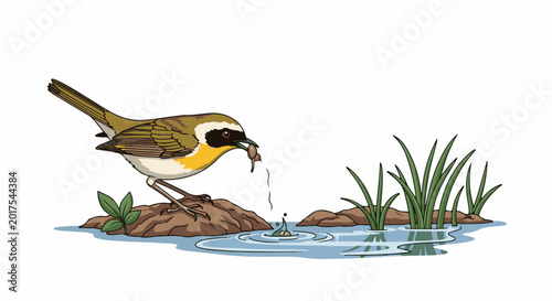 A small bird with yellow chest catches a worm by the water's edge