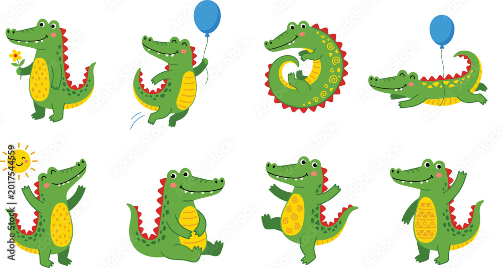 Obraz premium Cute crocodile cartoon character collection with funny poses balloons flowers and playful expressions vector illustration isolated on white background