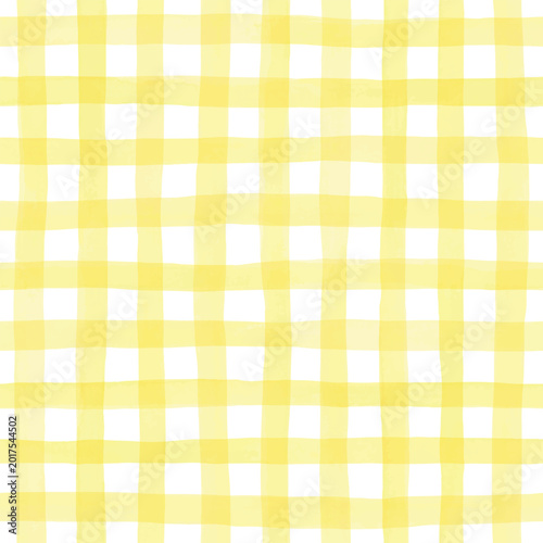 Seamless hand painted yellow and orange gingham check pattern with soft watercolor texture. Warm cheerful plaid background ideal for fabric, wallpaper, packaging, stationery, kitchen and summer design