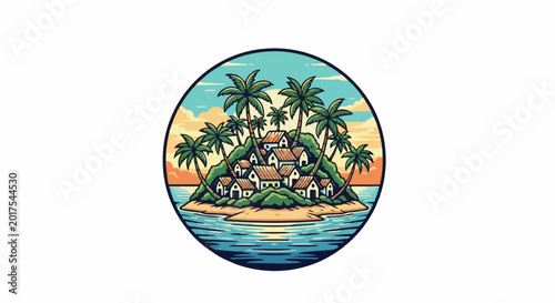 Tropical island village with palm trees and ocean at sunset