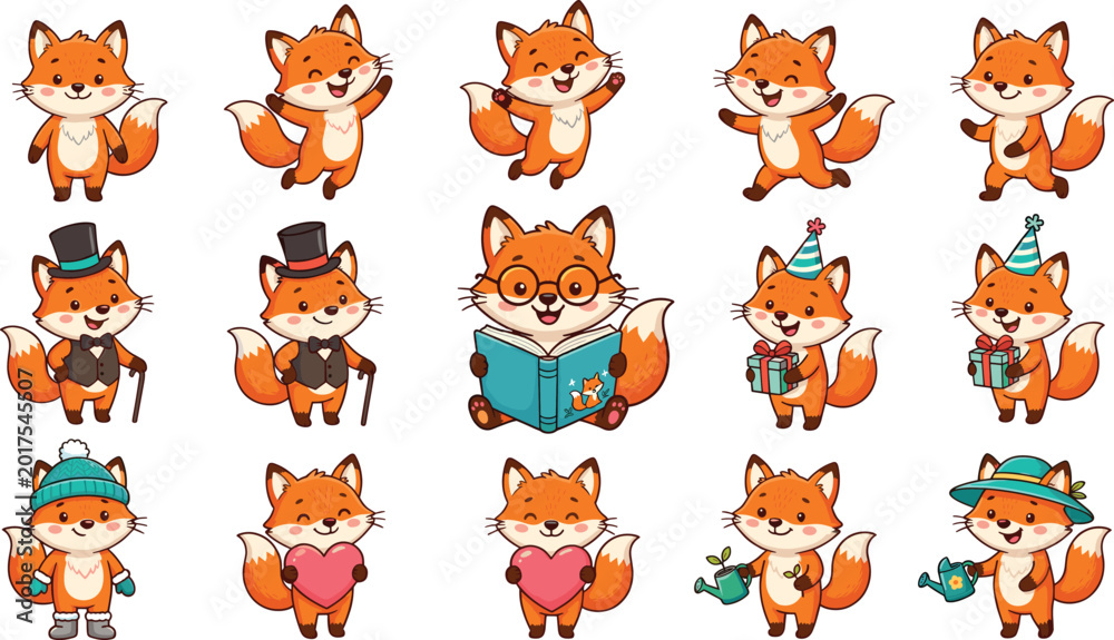 Obraz premium Cute Fox Cartoon Character Collection with Funny Poses Reading Gifts Gardening and Seasonal Costumes Vector Illustration Set