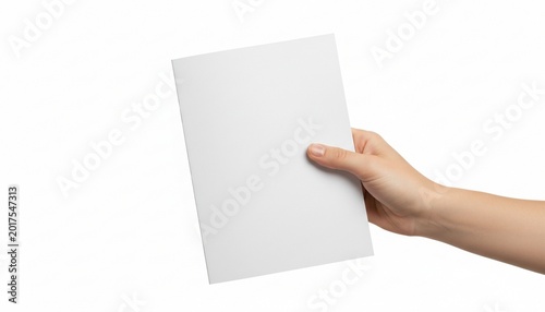 A hand holding a blank white booklet or brochure mockup for design presentation. Isolated on White Background