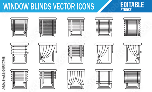 Window Blinds Vector Icons Set with Editable Stroke for Interior Design