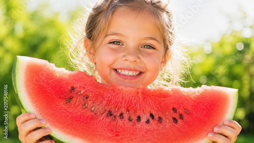 Happy little girl holding juicy watermelon slice outdoors in summer sunshine, healthy childhood nutrition and fresh fruit concept