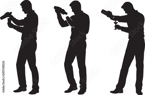 Professional bartender silhouette set, male mixologist shaking cocktails, barman preparing drinks with shaker and glassware vector collection