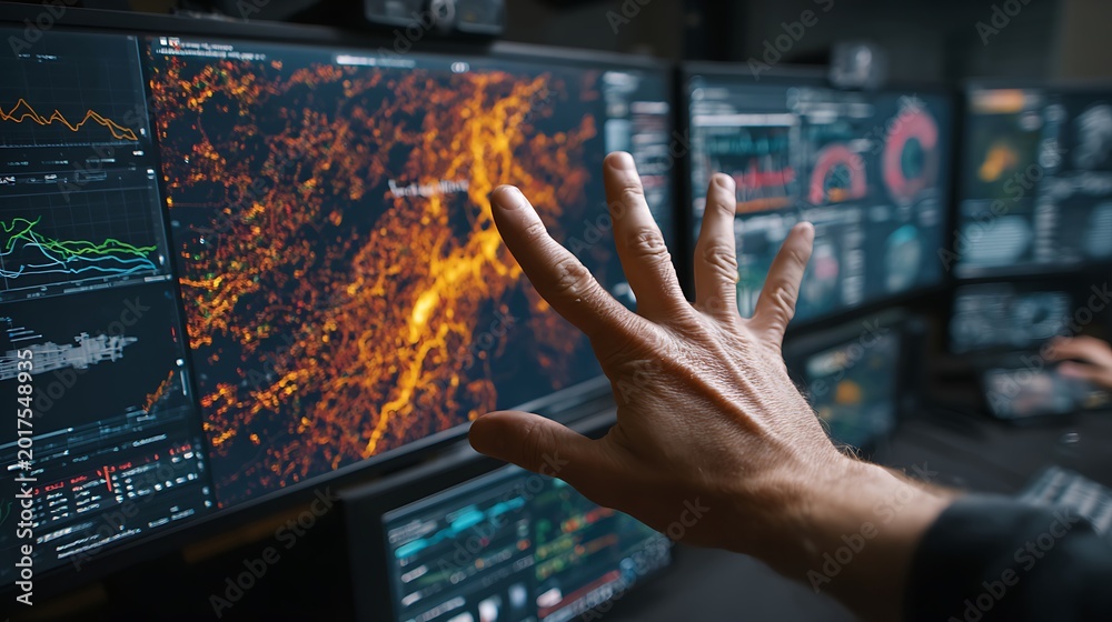Fototapeta premium Hand interacting with complex data visualization on multiple screens in a control room.