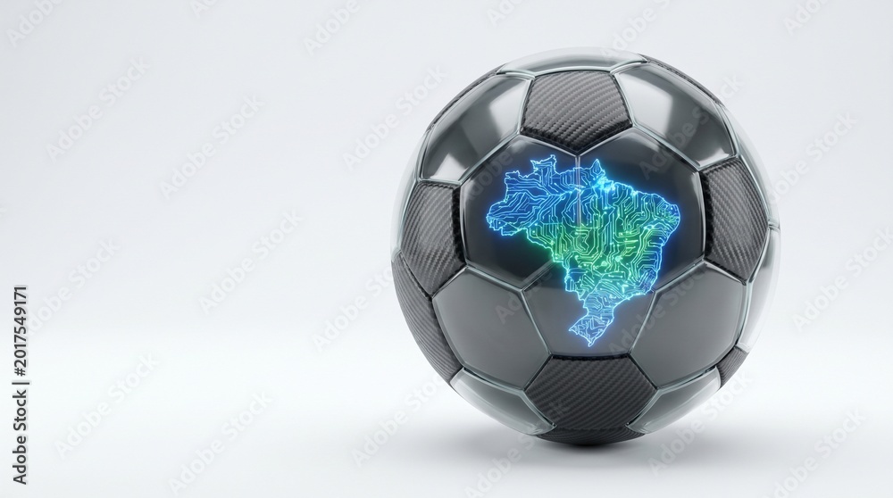 Naklejka premium Futuristic Cyberpunk Soccer Concept with Tropical Brazil Lighting - Generative AI 3D Render