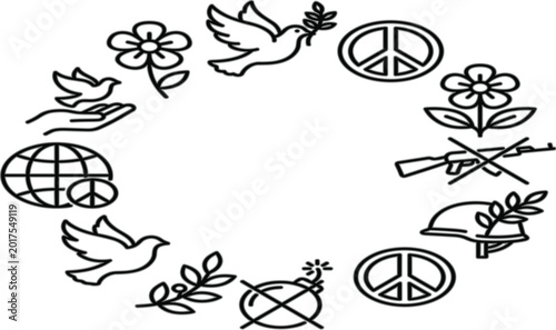 Photos Peace Symbols Outline Icon Set Featuring Dove Olive Branch Flowers Global Harmon