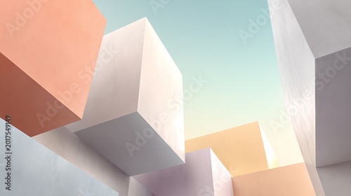 Geometric shapes in pastel colors against a bright sky create a modern architectural feel.