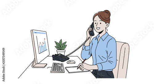Smiling businesswoman talking on phone at desk.