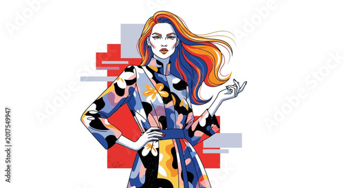 Fashion Illustration of Stylish Woman in Floral Pattern Dress