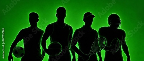 Athletes' Silhouette: A dynamic silhouette of four athletes, each holding a different sports ball or equipment, are showcased against a vibrant neon green backdrop.