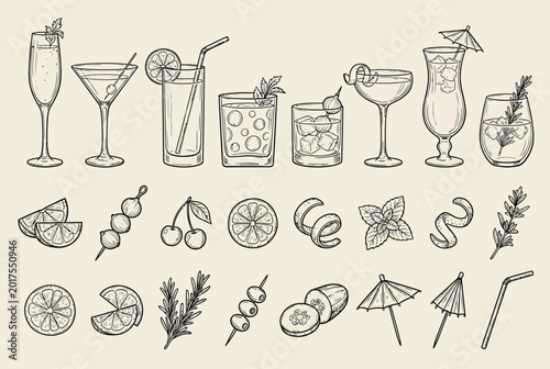 Retro cocktail doodle set with hand drawn garnish, classic drinks and vintage bar glass icons. kitchen decor  Whimsical vector illustration, party menu or creative wall art.