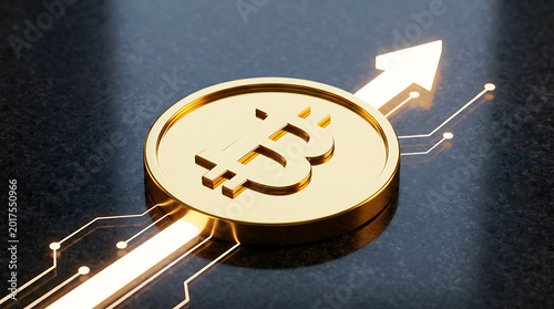 Gold bitcoin coin on a circuit board surface with a bright glowing upward growth arrow