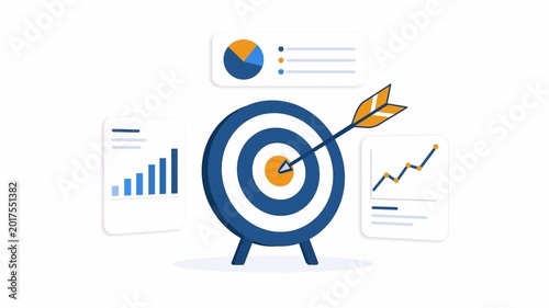 Business target strategy concept with dartboard arrow, growth charts, analytics dashboard and financial planning elements, flat 2d illustration isolated on transparent background with alpha channel