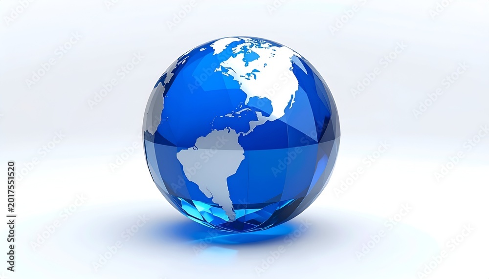 Obraz premium Blue glass globe showcasing the Americas on a white background.