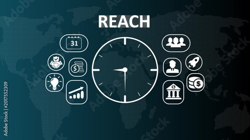 Global market reach and target audience growth concept animation displaying digital marketing strategy icons, customer engagement symbols, and international business expansion.