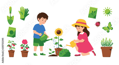 Fotografía Children watering flowers in garden.