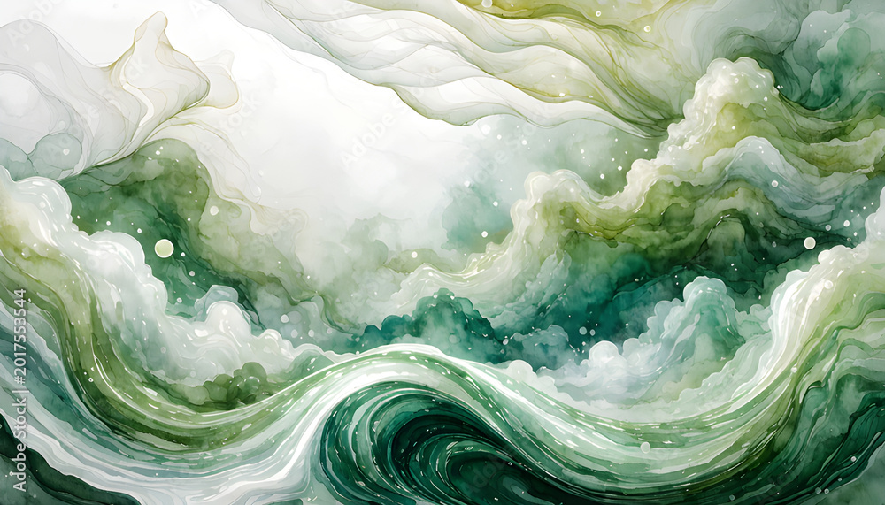 Obraz premium Soft abstract watercolor background with organic green textures and fluid brush strokes. Hand painted digital illustration inspired by natural landscapes, suitable for branding, packaging, wallpaper З