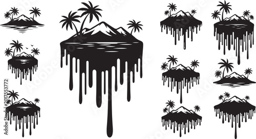 Melting Island Silhouette with Palm Trees and Mountains