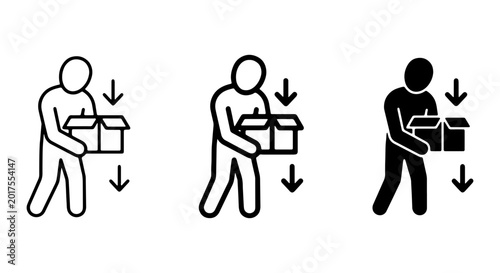 Person Carrying Box Icons, Lifting Package Symbols, Delivery Logistics Graphics