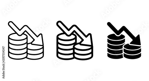 Fotografi Financial Crisis Icons, Falling Coin Stack Graphics, Economic Downturn Symbols,