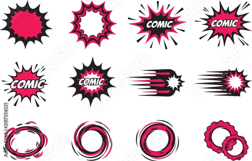 Twelve comic book style explosion burst and motion graphic elements