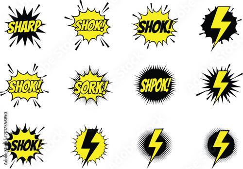 Twelve comic book style sound effect graphics in black and yellow