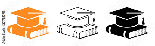Graduation cap and book icons in different colors