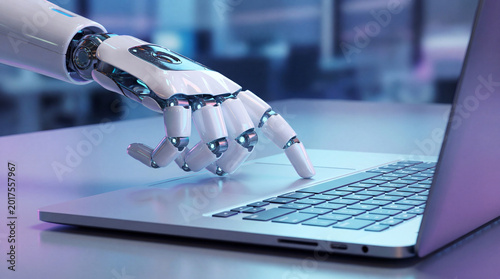 Robotic hand interacting with laptop trackpad representing artificial intelligence and future technology.