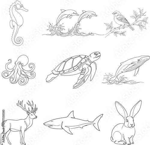 Minimal One Line Marine and Wildlife Animal Vector Set – Dolphin, Turtle, Whale, Shark, Rabbit and Deer Outline Art.